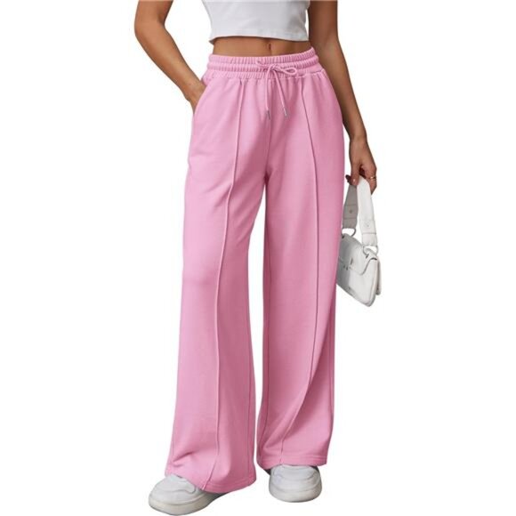 Womens Wide Leg Sweatpants High Waisted Pink - Picture 1 of 6